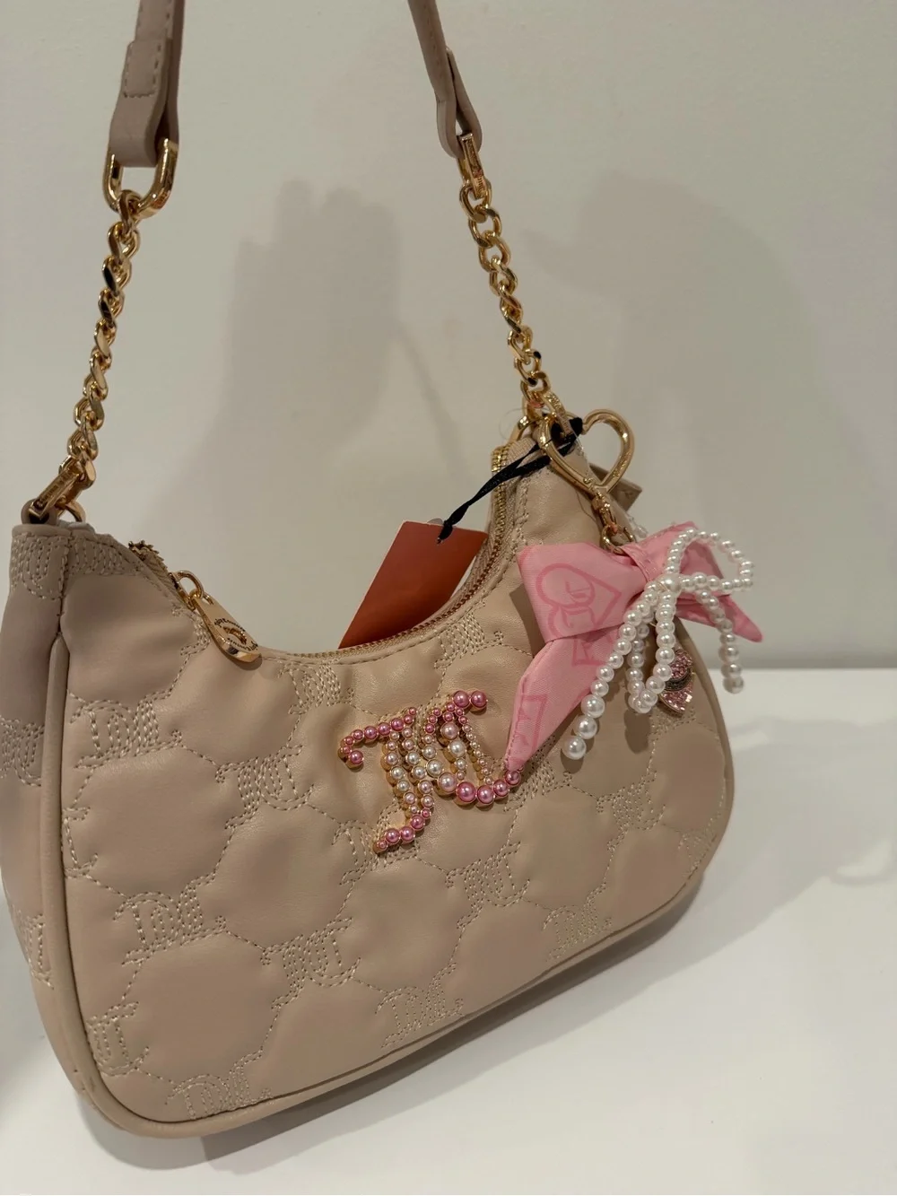 Juicy Couture Beige Quilted Shoulder Bag with Pink Bow and Pearl Charm